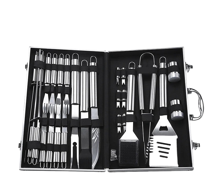 26-Piece Stainless Steel BBQ Tool Set with Aluminum Case for Camping & Outdoor Grilling